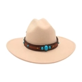 Beige faux suede cowboy hat with brown leather band and turquoise stone details - One Size / Beige