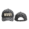 Close-up of grey leopard print corduroy cap with WIFEY sequin patch and metal buckle - Adjustable / Grey Leopard
