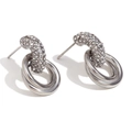Silver 316L stainless steel stud earrings with shimmering white zircon triple-ring drop - Steel