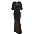 Elegante diepbruine maxi-jurk met gedrapeerde halslijn en geplooide bodycon pasvorm - S / koffiekleur
