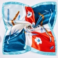 Silk-like satin scarf featuring red and navy blue floral bamboo prints in folded layout - Abstract Flute Pattern