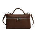 Brown litchi texture leather square bag with silver double zippers and top handle - Brown