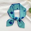 Lake blue floral silk scarf tied in a bow with geometric polka dot pattern for women - Royal Blue Circles