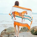 Thin white sun-protective beach shawl featuring orange horse print and stripe accents - Orange Steed (Horse-1)