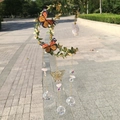 Detail of moon-shaped wind chime with pink quartz crystals and monarch butterflies - Gold Green Leaf - Rose Quartz