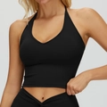 Schwarzer Neckholder Yoga Sport-BH mit tiefem V-Ausschnitt und rückenfreiem Design - S / Premium Schwarz