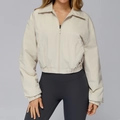 Beige loose zip-up bomber sports jacket with stand collar and elastic cuffs - S / Beige Apricot