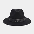 Detalle de sombrero vaquero negro con banda de cuero, tachuelas de bronce y cabeza de toro - M (56-58cm) / Estilo de Cinturón de Cuero de Remaches de Cabeza de Toro