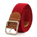 Red braided elastic belt with brown faux leather trim and silver square pin buckle - Red