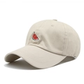 Close-up of small watermelon embroidery on high-quality beige cotton baseball cap detail - Adjustable / Beige