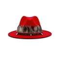 Red wool fedora hat featuring ethnic woven band and authentic feather ornaments - M (56-58cm) / Red