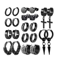 Set of 12 pairs of black stainless steel earrings featuring studs and hoops for women - Black Stainless Steel Comprehensive Set (36014)