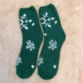 Dark green coral fleece Christmas socks with white snowflake pattern for warm winter wear - One Size / New Large Snowflake