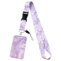 Lanyard en kaarthouder set met paars marmerpatroon, gouden glitters en metalen haak - Paars Marmer / Lanyard & Kaarthouder Set