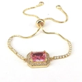 Elegant 18K gold-plated adjustable slider bracelet with a rectangular pink zircon stone - Gold/Pink
