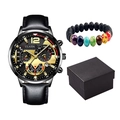 Men's fashion black leather watch and volcanic stone beaded bracelet in gift box - Black Strap Black Case Gold Dial And Bracelet And Box
