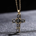 Gothic cross pendant necklace with gold plating and oval black zircon stones - Gold Black Gemstone Vintage Cross (0100Z)