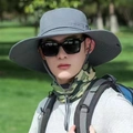 Gray wide brim sun hat for men with camouflage neck gaiter for outdoor fishing - Dark Grey (Triangle Label 12cm)