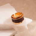 Detail view of retro wide open ring with gold brushed texture and purple enamel inlay - Wide Enamel Ring / Burgundy