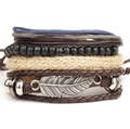 Set de pulseras bohemias multicapa con cordones de cuero, cuentas y colgante de pluma plata - Estilo B-Pluma Juego de 4 piezas
