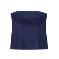 Set alla moda con top a fascia in denim blu scuro e pantaloni larghi su bianco - XS / Top a tubo in denim / Blu scuro