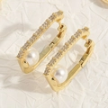 Elegant 14K gold plated rectangular hoop earrings with pearls and zircon crystals - Pearl Zircon Style