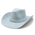 Lichtblauwe western cowboyhoed van suède met strassteentjes en een brede rand stijl - M (56-59cm) / Lichtgroen