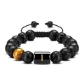 Detailed view of 10mm lava stone and tiger eye beads on an adjustable hand-woven bracelet - Letter-I