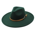 Detail of dark green wide-brim wool fedora with brown leather band and gold buckle - M / Dark Green