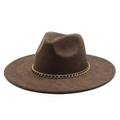 Sombrero fedora de ala ancha color marrón oscuro con elegante banda de cadena dorada - Café (Gamuza)