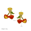 Detailed view of cherry heart earrings with red enamel and dimensions 13x12mm - Enamel Heart Cherry Studs / 13mm x 12mm