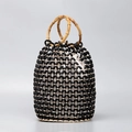 Handmade bucket bag with black wood beads, white accents and bamboo handles - Black with White Beads