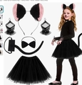 Detailed Halloween cat costume set with ear headband, bow tie, tail, and black tutu skirt - Black Skirt Long Tail 4-Piece Set