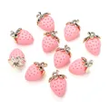 Pink matte strawberry charms with gold leaves for DIY jewelry making set of 10 - Matte Pink