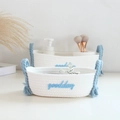 Détail de paniers de rangement en corde de coton avec poignées bleues et broderie goodday - Petit / Blanc Lait - Poignée Bleu Ciel