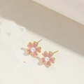 Pink enamel flower stud earrings with gold plating and center pearl accents - Pink Flower