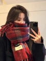 Winter red and green plaid scarf with fringe and stylish labels for a festive look - Deep Red With Hellow Tag