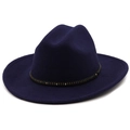 Detail of navy wool fedora hat featuring black leather band with silver metal studs - Navy Blue