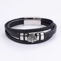 Men's multi-layer leather bracelet featuring a silver lion head charm and magnetic clasp - Lion Head