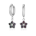 Silver flower drop earrings with colorful zircon petals and hoop closure design - Steel + Multicolor Zirconia