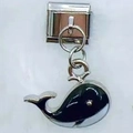 Italian charm bracelet module with black enamel whale pendant in silver-tone stainless steel - Black Whale