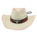 Chapeau de cowboy en paille bohème avec bord dégradé rose et emblème tête de taureau - Décor Tête de Taureau en Métal (Avec Corde à Vent) / Crème