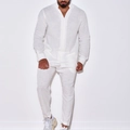 Men's white linen casual long sleeve shirt and trousers set with a relaxed fit - S / Top And Bottom / White