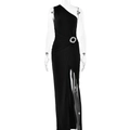 Elegant one shoulder black slit dress with crystal buckle detail and slim fit design - S / Black