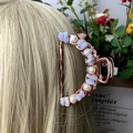 Rose gold hair claw clip featuring light blue gemstones and white pearls for women - Blue Lace Agate + Deep Sea Pearl Rose Gold Hair Claw