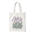 Cream canvas tote bag featuring an elegant purple lavender floral aesthetic print - Style T-Lavender