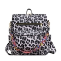 Detail of grey leopard print backpack with vibrant colorful woven shoulder straps - Large / Leopard White