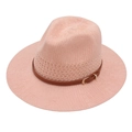 Pink knitted fedora with brown faux leather belt and gold buckle on a white background - Pink