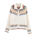 Cardigan in maglia bianco panna con motivo jacquard vintage e cerniera in metallo - S / Bianco