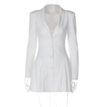 Detail of white deep V-neck blazer dress showing ruffled hem and long sleeves - XS / White